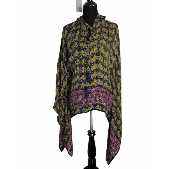 Raga Womens Multicolor Pullover Elephant Print Poncho‎ Tunic Blouse Size Small